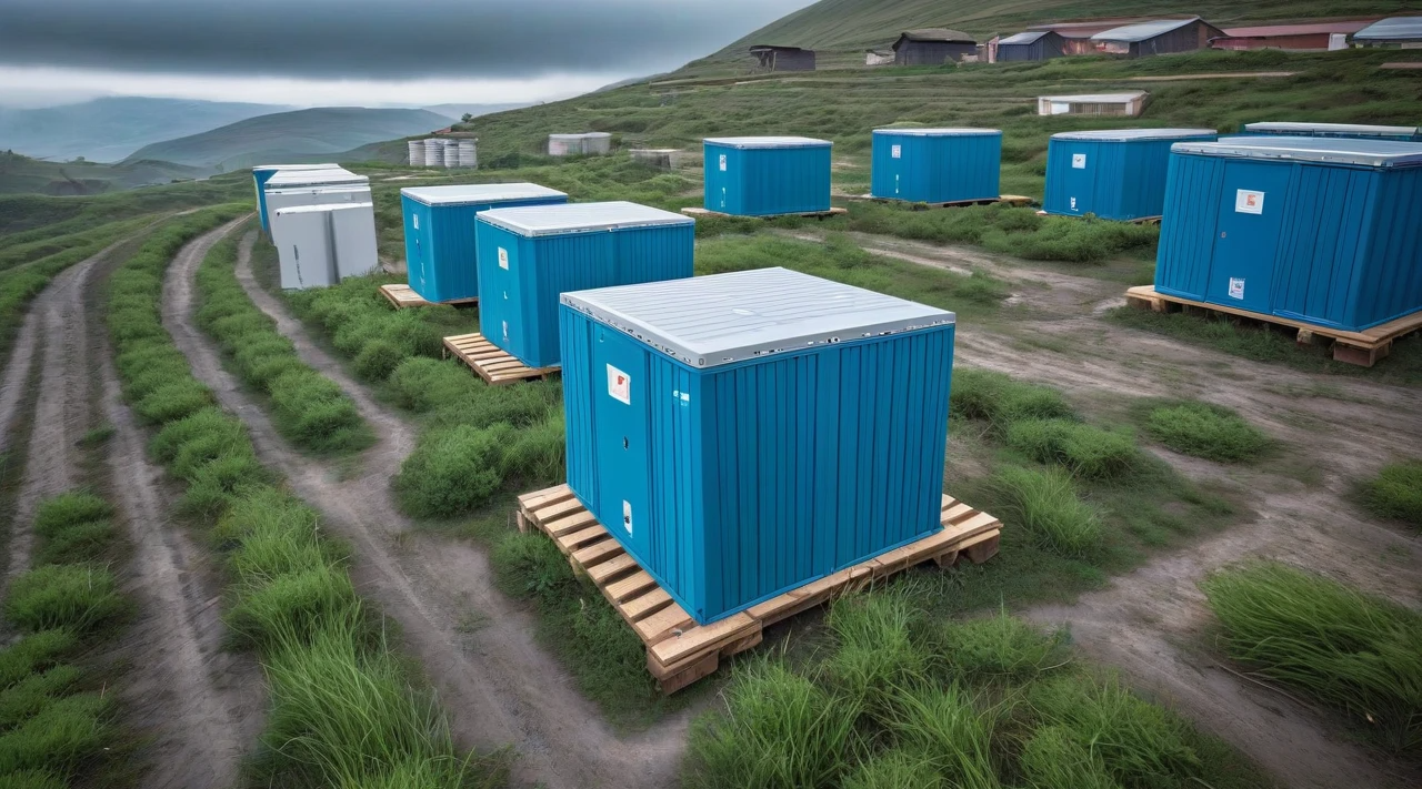 <p>Мы видим металлические контейнеры, окрашенные в яркий синий цвет,  они используются в качестве временных построек, как складские помещения на промышленном объекте. Некоторые из контейнеров адаптированы для временного проживания. Слева вдали видны другие сооружения - всё это часть выносного телекоммуникационного комплекса.</p>